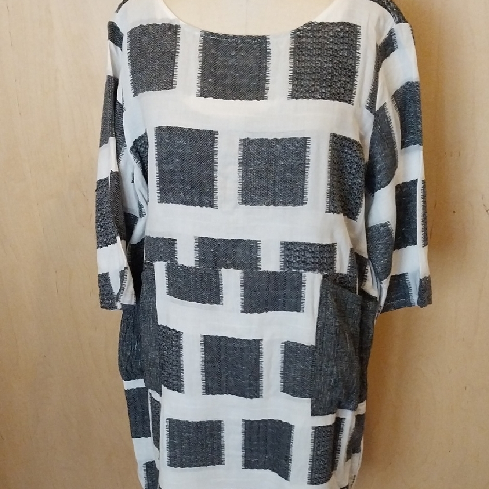 Linen/cotton Square-Print Tunic Top or Dress Black & White Size Large
